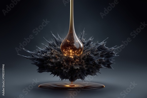 Abstract golden liquid drop falling on spiky black textured mass