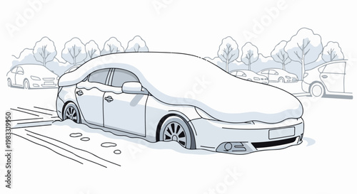 Car buried in snow with tracks visible in foreground and other vehicles behind