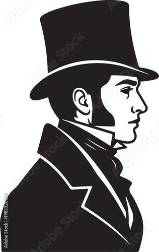 Elegant black and white profile illustration of a 19th-century gentleman wearing a stylish top hat and period fashion.