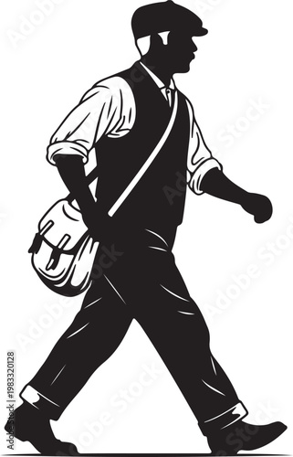 Vintage silhouette of a walking 1800s worker or newsboy in a cap, vest, and carrying a messenger bag.