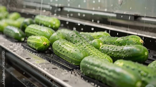 Wallpaper Mural Freshly harvested cucumbers from local farm are being thoroughly washed under running water modern processing facility to ensure cleanliness before being packaged for distribution during peak harvest Torontodigital.ca