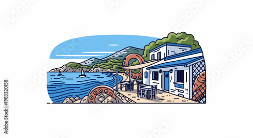 A quaint seaside cafe with a life preserver and sea creature tentacle