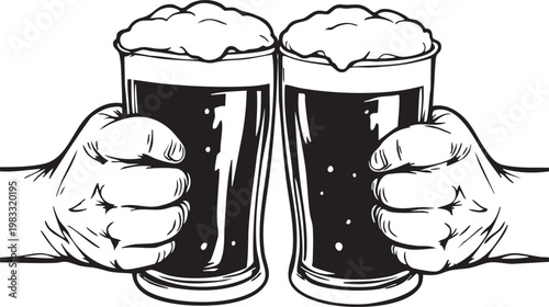Illustration of two hands clinking glasses of beer, perfect for marketing, advertising, or lifestyle concepts.