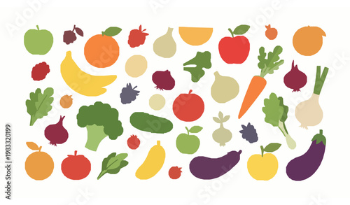 Colorful fruit and vegetable collection flat cartoon vector large food set isolated on white