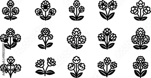 Black line of hop cones with leaves on white background plant flower botanical