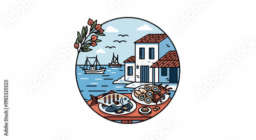Seaside village scene with seafood platter and fishing boats