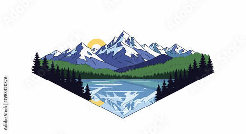 Snow-capped mountains reflected in a calm lake surrounded by evergreen trees