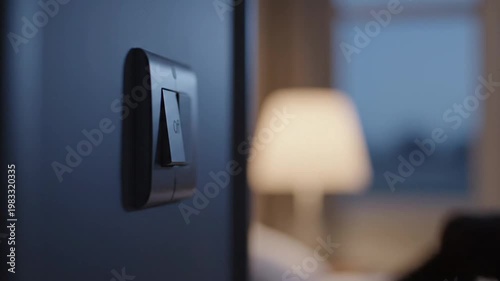 Person's hand turning off light switch at night