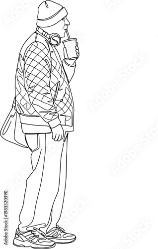 continuous line art of a man wearing a beanie, quilted jacket, and headphones while standing and holding a takeaway coffee.