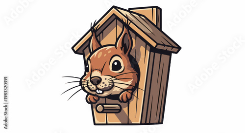 Cartoon squirrel peeks out from wooden birdhouse home