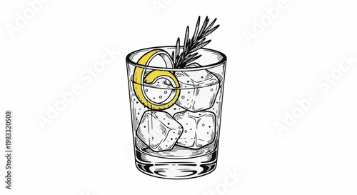 Sketch of a refreshing drink with ice cubes and citrus peel