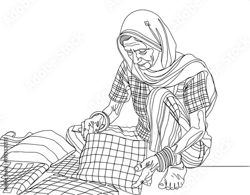 continuous line art of an elderly woman sitting and carefully inspecting traditional checkered fabric or handmade textile craft work.