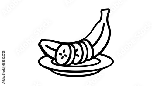 Minimalist vector icon illustration of a fresh banana, partially sliced into rounds and served on a small plate, featuring clean black line art on a white background for food and health design.