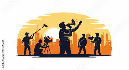Silhouette film crew with megaphone against city skyline at sunset