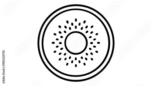 Minimalist Kiwi Fruit Slice Vector Icon Illustration. Clean Black and White Line Art Showing a Fresh Tropical Fruit Cross-Section with Seeds and Core. Scalable Flat Design for Healthy Food Apps.
