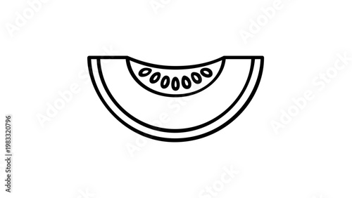 Minimalist vector illustration of a fresh melon slice icon. Simple black line art of a cantaloupe or honeydew fruit piece with seeds. Scalable graphic for healthy food and summer designs.