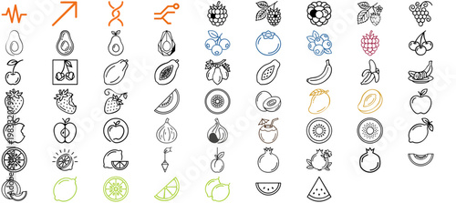 Mega Set of 61 Minimalist Fresh Fruit Vector Icons, Flat Line Art Collection Featuring Strawberry, Avocado, Banana, Raspberry, Cherry, Blueberry, Papaya, Mango, Grapes, and Healthy Food Symbols.