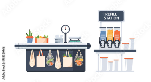 Refill station and reusable bag checkout counter illustration