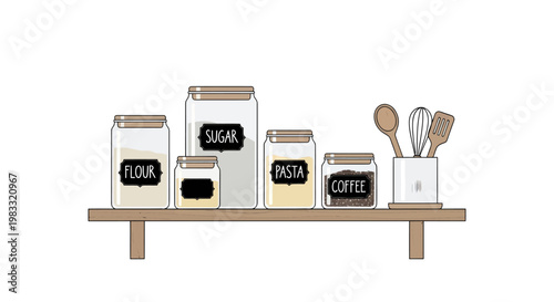 Kitchen shelf with food storage containers and utensils