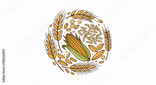 Central corn cob surrounded by golden wheat stalks and scattered grains