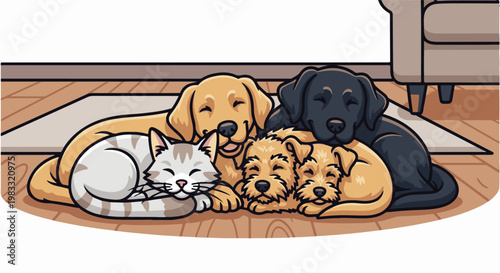 Cartoon illustration of a cat and dogs snuggling together peacefully