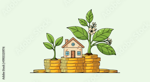 A small house sits atop stacks of coins with plants growing