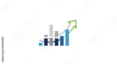 3D business growth chart illustration featuring a green arrow moving up over a financial bar graph on a white background to symbolize market success and investment profit