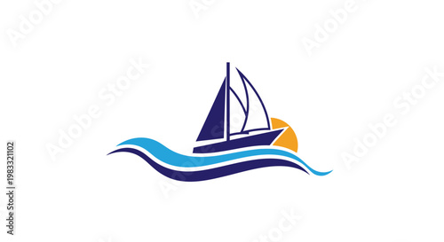 Vector illustration of a nautical sailing yacht and ship vessel cruising on blue summer ocean waves as a marine travel logo symbol
