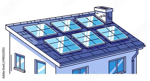 Roof with solar panels on house with chimney and windows