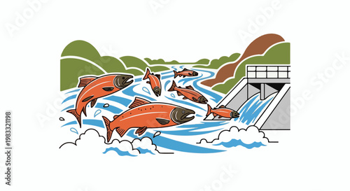 Salmon migrating upstream past a dam towards green hills