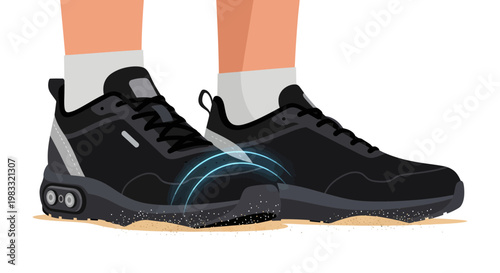 Black sneakers with blue accents on white background