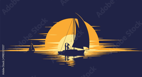 Couple on sailboat with sunset reflection on water
