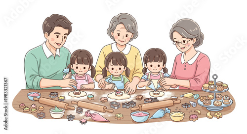 family baking together, happy relatives making cookies