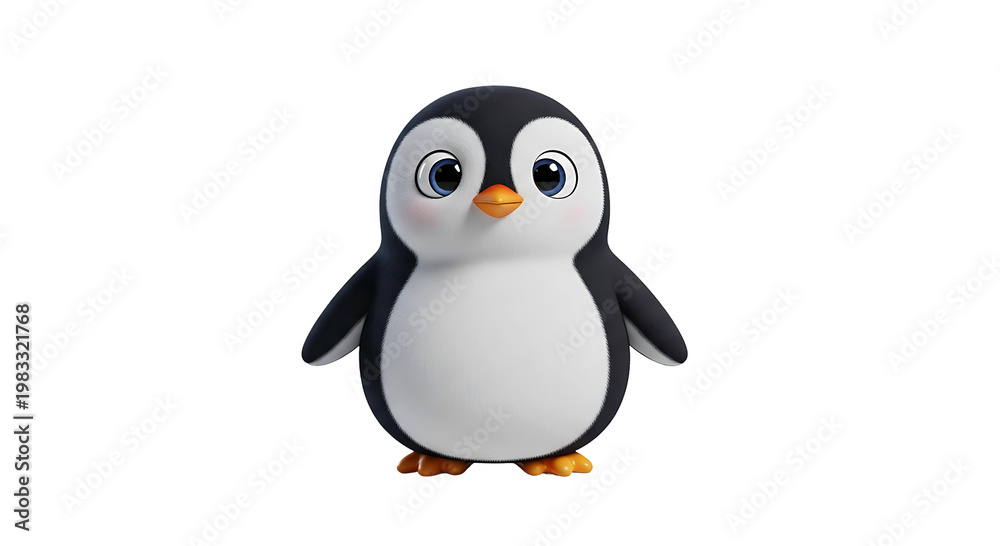 Fototapeta premium A cute, cartoon-style penguin with big blue eyes and a plump body stands on its feet against a black background, appearing friendly and approachable.