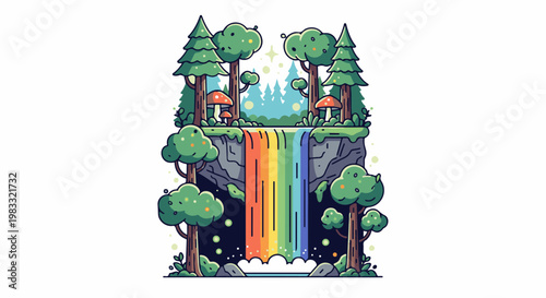 Pixel art forest scene with a vibrant rainbow waterfall cascading down cliffs