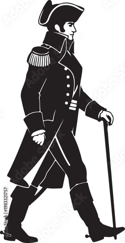 Silhouette of a man in early 19th-century Russian military fashion, featuring a hat, epaulets, and a walking stick.