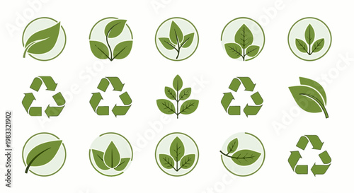 Collection of green leaf and recycling symbols, representing nature and sustainability