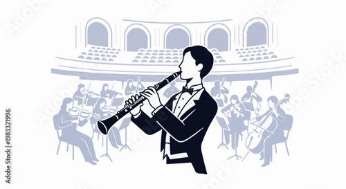 Elegant clarinetist performs with a symphony orchestra in a grand hall