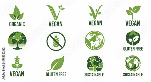 Collection of green icons representing organic, vegan, gluten-free, and sustainable products