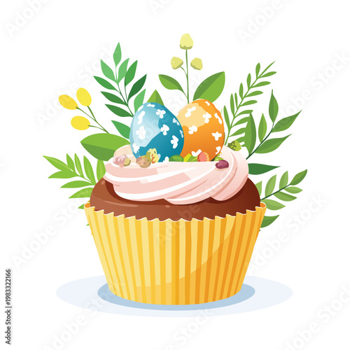 Decorated easter cupcake with eggs and floral arrangement on white background