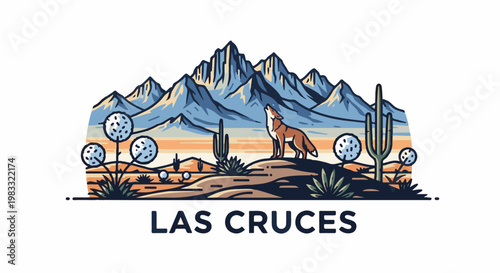 Desert landscape with a coyote howling at mountains and cacti