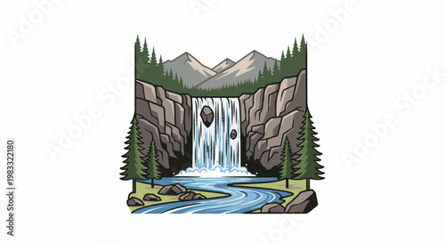 Majestic waterfall cascades over rocky cliffs into a flowing river