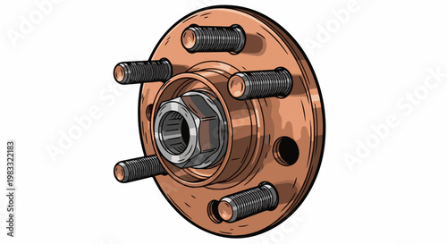 Detailed illustration of a car's copper wheel hub with five lug bolts