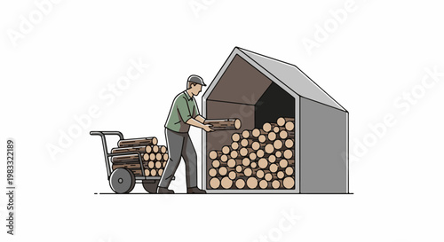 Person stacking logs in a shed with a cart loaded with wood