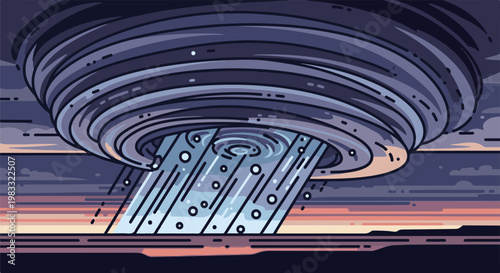 Pixelated tornado descends from dark clouds, unleashing heavy rain and swirling water below