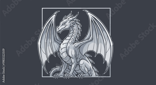Majestic grey dragon with large wings, sitting stoically