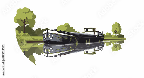 Dark canal barge floats on serene water, reflecting lush greenery