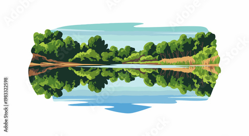 Lush green trees reflected in calm water under a pale blue sky