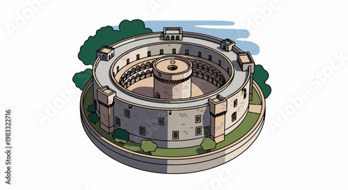 An isometric illustration of a large, circular fortress with a central tower