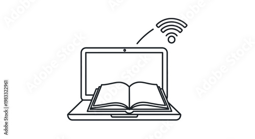 Laptop with book and wireless connection.